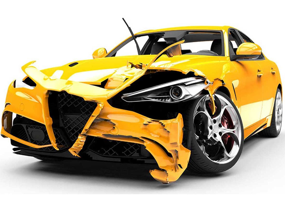 Render einer gelben Limousine mit deformierter Front nach einem Unfall